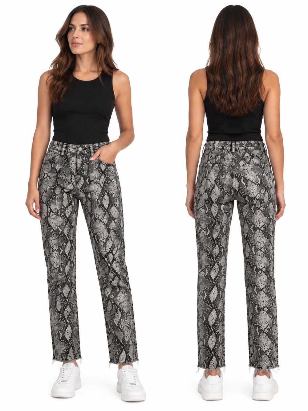 PAIGE Hoxton Slim Snake Print Jeans Gray Black Raw Hem Size 28